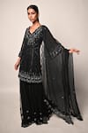 Buy_Rabiya Savlani_Black Satin, Tulle Embroidery V-neck Kurta Gharara Set _Online_at_Aza_Fashions