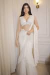 Buy_Rabiya Savlani_Off White Satin, Tulle Embroidery V-neck Pre-draped Saree With Blouse _at_Aza_Fashions