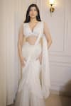 Shop_Rabiya Savlani_Off White Satin, Tulle Embroidery V-neck Pre-draped Saree With Blouse _at_Aza_Fashions