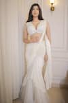 Rabiya Savlani_Off White Satin, Tulle Embroidery V-neck Pre-draped Saree With Blouse _Online_at_Aza_Fashions