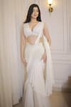 Buy_Rabiya Savlani_Off White Satin, Tulle Embroidery V-neck Pre-draped Saree With Blouse _Online_at_Aza_Fashions