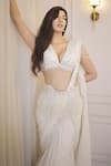 Shop_Rabiya Savlani_Off White Satin, Tulle Embroidery V-neck Pre-draped Saree With Blouse _Online_at_Aza_Fashions