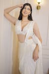 Rabiya Savlani_Off White Satin, Tulle Embroidery V-neck Pre-draped Saree With Blouse _at_Aza_Fashions