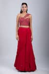 Samyukta Singhania_Red Chinon Cut Work, Embroidery Cutdana Embellished Blouse With Draped Skirt _at_Aza_Fashions