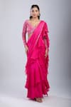 Shop Samyukta Singhania Pink Chinon Embroidery, Cut Embellished Blouse With Ruffled Pre-draped Saree Online at Aza Fashions Shop_Samyukta Singhania_Pink Chinon Embroidery, Cut Embellished Blouse With Ruffled Pre-draped Saree _Online_at_Aza_Fashions