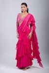 Buy Samyukta Singhania Pink Chinon Embroidery, Cut Embellished Blouse With Ruffled Pre-draped Saree Buy_Samyukta Singhania_Pink Chinon Embroidery, Cut Embellished Blouse With Ruffled Pre-draped Saree