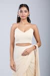 Buy_Samyukta Singhania_Beige Chinon, Tissue Beads V-neck, Embellished Jacket And Pre-draped Saree Set 