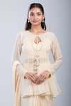 Shop_Samyukta Singhania_Beige Chinon, Tissue Beads V-neck, Embellished Jacket And Pre-draped Saree Set 