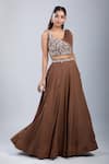 Buy_Samyukta Singhania_Brown Chinon Embroidery Asymmetric Embellished Blouse With Skirt _Online_at_Aza_Fashions