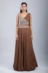 Buy_Samyukta Singhania_Brown Chinon Embroidery Asymmetric Embellished Blouse With Skirt 