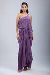 Shop_Samyukta Singhania_Purple Chinon Cut Work, Embroidery Asymmetric Embellished Blouse With Skirt _Online_at_Aza_Fashions