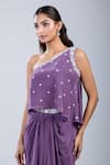 Samyukta Singhania_Purple Chinon Cut Work, Embroidery Asymmetric Embellished Blouse With Skirt _at_Aza_Fashions