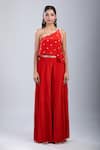 Buy_Samyukta Singhania_Orange Chinon Embroidery One Shoulder Embellished Top With Palazzo 