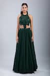 Shop_Samyukta Singhania_Green Chinon Sequins, Embroidery Halter Neck Embellished Cutwork Gown _Online_at_Aza_Fashions