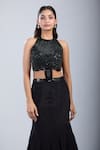 Buy_Samyukta Singhania_Black Chinon Embroidery Halter Neck Embellished Cutwork Gown 