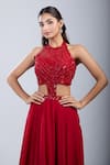 Buy_Samyukta Singhania_Red Chinon Sequins, Beads Halter Neck Embellished Cutwork Gown _Online_at_Aza_Fashions