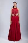 Samyukta Singhania_Red Chinon Sequins, Beads Halter Neck Embellished Cutwork Gown _at_Aza_Fashions