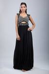 Buy_Samyukta Singhania_Black Chinon Sequins, Embroidery Leaf Neck Embellished Cutwork Jumpsuit _at_Aza_Fashions