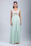 Samyukta Singhania_Green Chinon Sequins, Embroidery Scoop Neck Embellished Cutwork Jumpsuit _at_Aza_Fashions