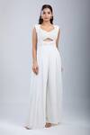 Samyukta Singhania_White Chinon Sequins, Embroidery Scoop Neck Embellished Cutwork Jumpsuit _Online_at_Aza_Fashions