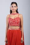 Buy_Samyukta Singhania_Orange Chinon Sequins, Embroidery Floral Embellished Blouse And Skirt Set 
