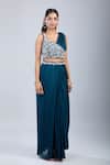 Shop_Samyukta Singhania_Green Chinon Embroidery Asymmetric Embellished Blouse With Draped Skirt _Online_at_Aza_Fashions
