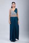 Samyukta Singhania_Green Chinon Embroidery Asymmetric Embellished Blouse With Draped Skirt _at_Aza_Fashions