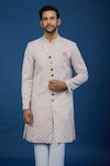 Arihant Rai Sinha_Pink Jacquard, Polyester, Viscose Embroidery, Sequins Leaf Woven Sherwani Set _Online_at_Aza_Fashions