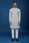 Arihant Rai Sinha Gray Jacquard, Polyester, Viscose Embroidery, Sequins Leaf Woven Sherwani Set Online at Aza Fashions Arihant Rai Sinha_Gray Jacquard, Polyester, Viscose Embroidery, Sequins Leaf Woven Sherwani Set _Online_at_Aza_Fashions