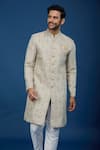 Shop_Arihant Rai Sinha_Beige Jacquard, Polyester, Viscose Embroidery, Florette Woven Sherwani Set _Online_at_Aza_Fashions
