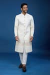 Arihant Rai Sinha_Cream Silk, Polyester, Viscose Embroidery, Sequins Chevron Sherwani Set _at_Aza_Fashions