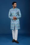 Arihant Rai Sinha_Blue Silk, Polyester, Viscose Embroidery, Sequins Paisley Sherwani Set _at_Aza_Fashions