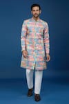 Arihant Rai Sinha_Orange Silk, Polyester, Viscose Embroidery, Sequins Floral Pattern Sherwani Set _Online_at_Aza_Fashions