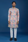 Shop_Arihant Rai Sinha_Orange Silk, Polyester, Viscose Embroidery, Sequins Floral Pattern Sherwani Set _Online_at_Aza_Fashions