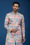 Arihant Rai Sinha_Orange Silk, Polyester, Viscose Embroidery, Sequins Floral Pattern Sherwani Set _at_Aza_Fashions