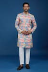 Buy_Arihant Rai Sinha_Orange Silk, Polyester, Viscose Embroidery, Sequins Floral Pattern Sherwani Set _at_Aza_Fashions