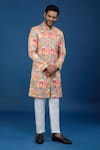 Arihant Rai Sinha_Orange Silk, Polyester, Viscose Embroidery, Sequins Flower Pattern Sherwani Set _Online_at_Aza_Fashions