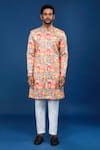 Shop_Arihant Rai Sinha_Orange Silk, Polyester, Viscose Embroidery, Sequins Flower Pattern Sherwani Set _Online_at_Aza_Fashions