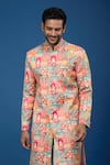 Arihant Rai Sinha_Orange Silk, Polyester, Viscose Embroidery, Sequins Flower Pattern Sherwani Set _at_Aza_Fashions