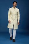 Shop_Arihant Rai Sinha_Yellow Silk, Polyester, Viscose Embroidery, Geometric Pattern Sherwani Set _Online_at_Aza_Fashions