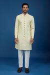 Arihant Rai Sinha_Yellow Silk, Polyester, Viscose Embroidery, Geometric Pattern Sherwani Set _at_Aza_Fashions