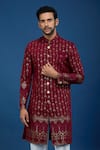Buy_Arihant Rai Sinha_Maroon Silk, Polyester, Viscose Sequins, Embroidery Work Sherwani Set _Online_at_Aza_Fashions