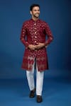 Buy_Arihant Rai Sinha_Maroon Silk, Polyester, Viscose Sequins, Embroidery Work Sherwani Set _at_Aza_Fashions