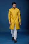 Buy_Arihant Rai Sinha_Yellow Silk, Polyester, Viscose Embroidery, Sequins Threadwork Sherwani Set _at_Aza_Fashions