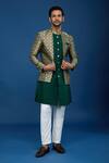 Buy Arihant Rai Sinha Green Silk, Polyester, Viscose Embroidery Mughal Woven Sherwani Set at Aza Fashions Buy_Arihant Rai Sinha_Green Silk, Polyester, Viscose Embroidery Mughal Woven Sherwani Set _at_Aza_Fashions