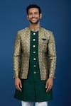Shop Arihant Rai Sinha Green Silk, Polyester, Viscose Embroidery Mughal Woven Sherwani Set Online at Aza Fashions Shop_Arihant Rai Sinha_Green Silk, Polyester, Viscose Embroidery Mughal Woven Sherwani Set _Online_at_Aza_Fashions