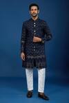 Buy_Arihant Rai Sinha_Blue Silk, Polyester, Viscose Embroidery, Sequins Linear Sherwani Set _at_Aza_Fashions
