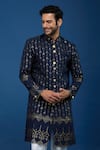Arihant Rai Sinha_Blue Silk, Polyester, Viscose Embroidery, Sequins Linear Sherwani Set _Online_at_Aza_Fashions