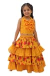 Buy_Lil Drama_Mustard Cotton Ruffles, Fabric Flowers Floral Applique Blouse With Lehenga _at_Aza_Fashions
