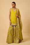 Buy_Monk & Mei By Sonia Anand_Yellow Silk, Organza Embroidery V-neck Bala Polka Dot Woven Kurta Sharara Set _at_Aza_Fashions